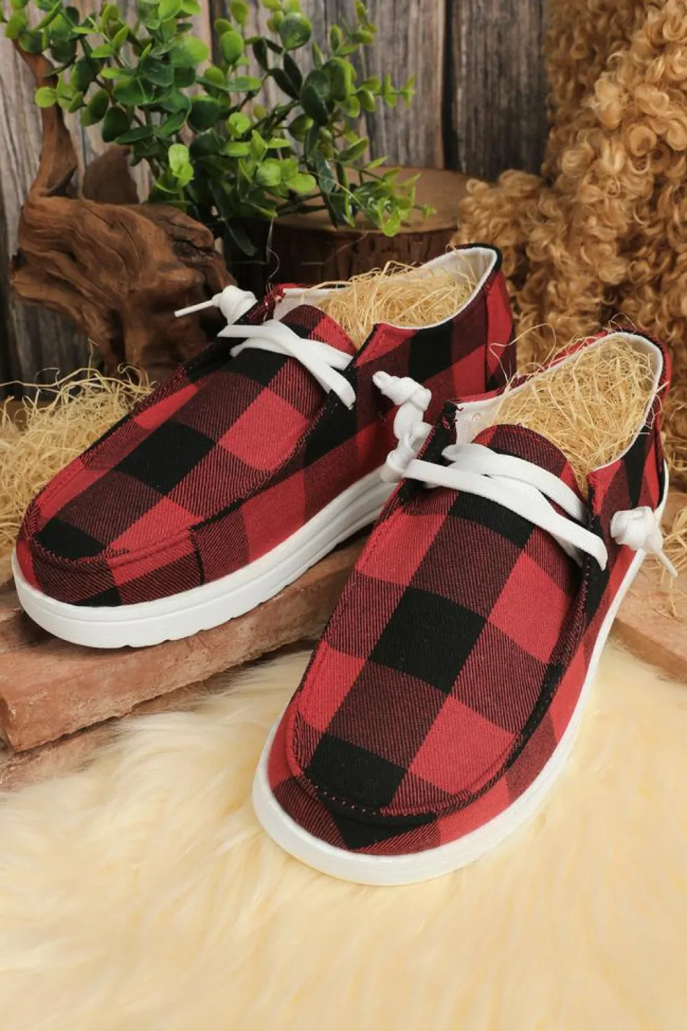 Outlet Dear-Lover Vintage Plaid Lace Up Flat Shoes Fiery Red