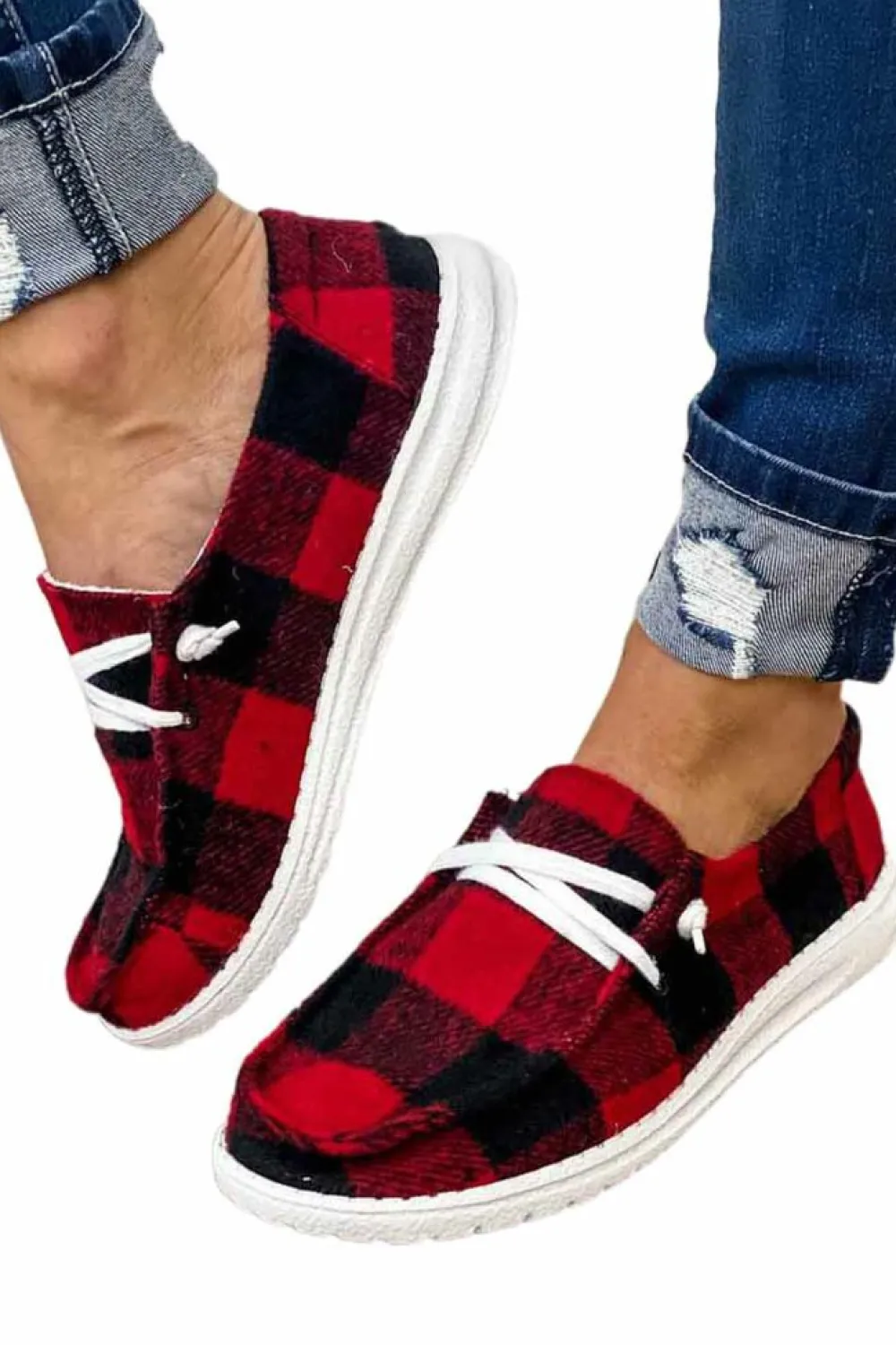 Outlet Dear-Lover Vintage Plaid Lace Up Flat Shoes Fiery Red