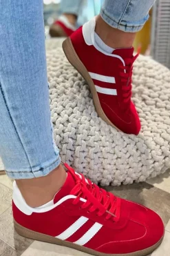 Fashion Dear-Lover Vintage Striped Patchwork Lace-up Flat Shoes Fiery Red