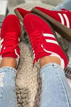 Fashion Dear-Lover Vintage Striped Patchwork Lace-up Flat Shoes Fiery Red