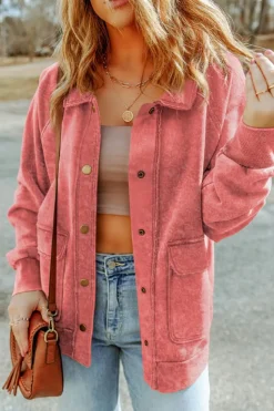 Fashion Dear-Lover Vintage Washed Flap Pocket Button Shacket Fiery Red