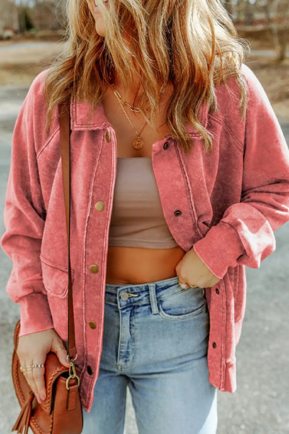 Fashion Dear-Lover Vintage Washed Flap Pocket Button Shacket Fiery Red