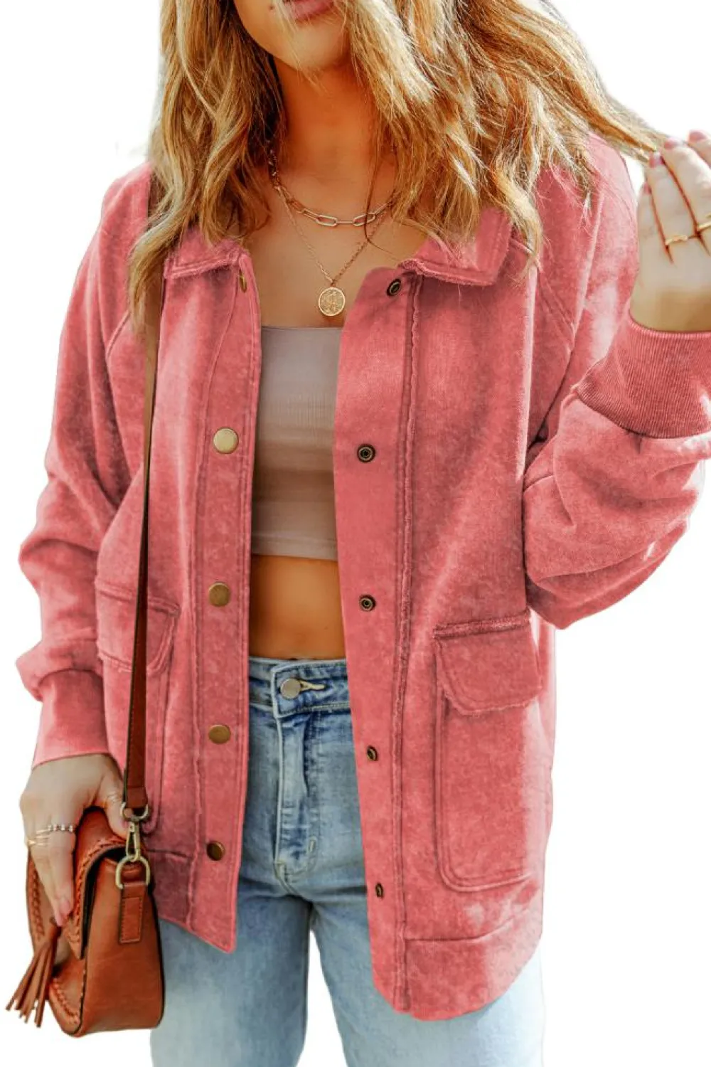 Fashion Dear-Lover Vintage Washed Flap Pocket Button Shacket Fiery Red