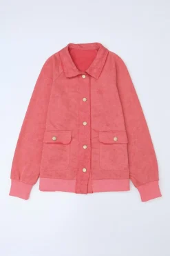 Fashion Dear-Lover Vintage Washed Flap Pocket Button Shacket Fiery Red