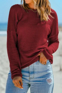 Discount Dear-Lover Waffle Knit Drop Shoulder Long Sleeve Top Fiery Red