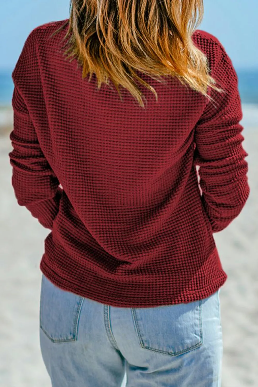 Discount Dear-Lover Waffle Knit Drop Shoulder Long Sleeve Top Fiery Red