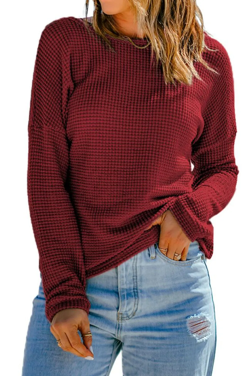 Discount Dear-Lover Waffle Knit Drop Shoulder Long Sleeve Top Fiery Red