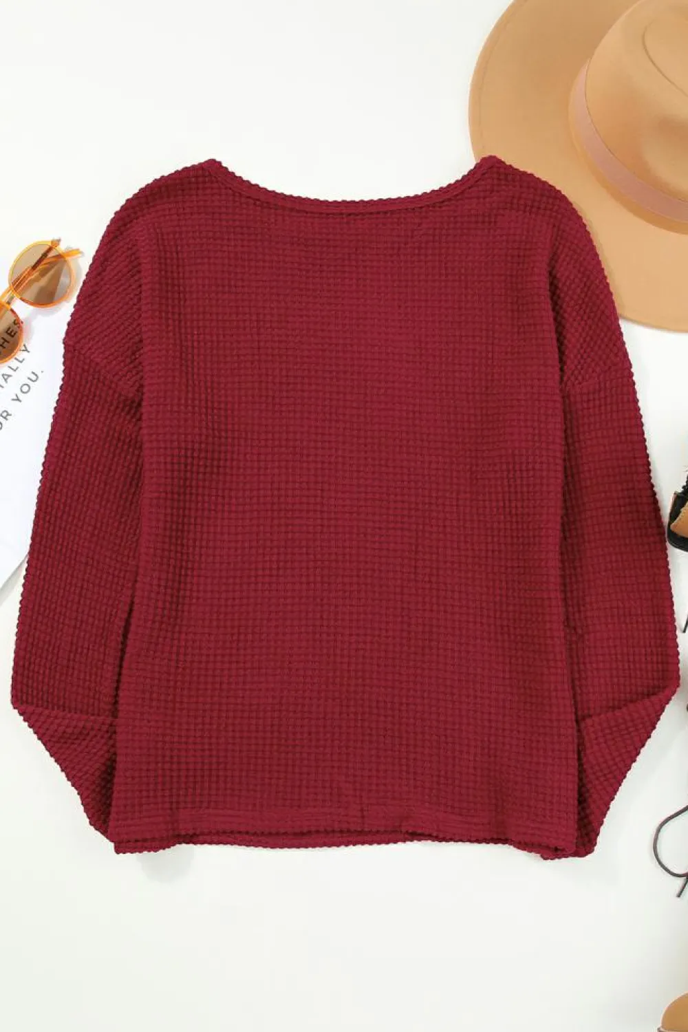 Discount Dear-Lover Waffle Knit Drop Shoulder Long Sleeve Top Fiery Red
