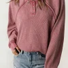 Hot Dear-Lover Waffle Knit Raglan Sleeve Henley Sweatshirt Fiery Red