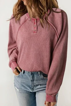Hot Dear-Lover Waffle Knit Raglan Sleeve Henley Sweatshirt Fiery Red