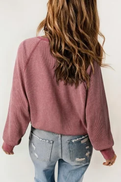 Hot Dear-Lover Waffle Knit Raglan Sleeve Henley Sweatshirt Fiery Red