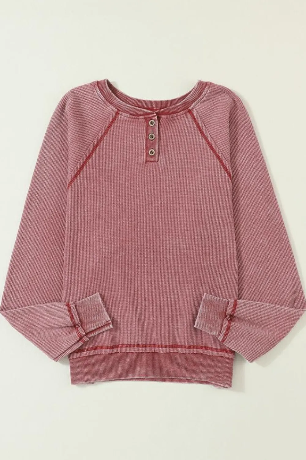 Hot Dear-Lover Waffle Knit Raglan Sleeve Henley Sweatshirt Fiery Red
