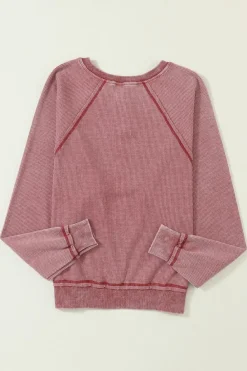 Hot Dear-Lover Waffle Knit Raglan Sleeve Henley Sweatshirt Fiery Red