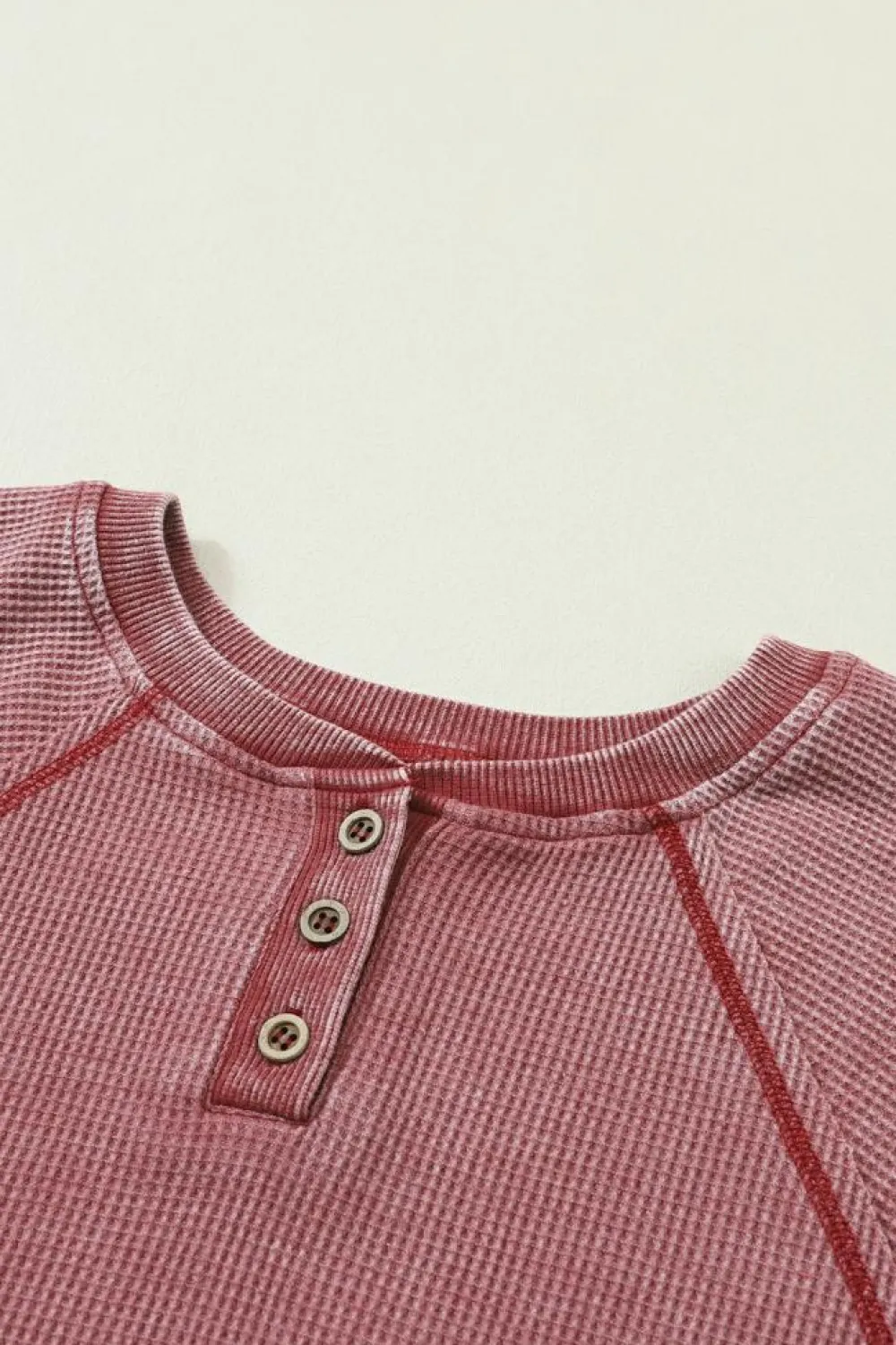 Hot Dear-Lover Waffle Knit Raglan Sleeve Henley Sweatshirt Fiery Red