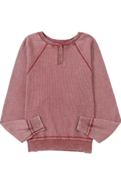 Hot Dear-Lover Waffle Knit Raglan Sleeve Henley Sweatshirt Fiery Red