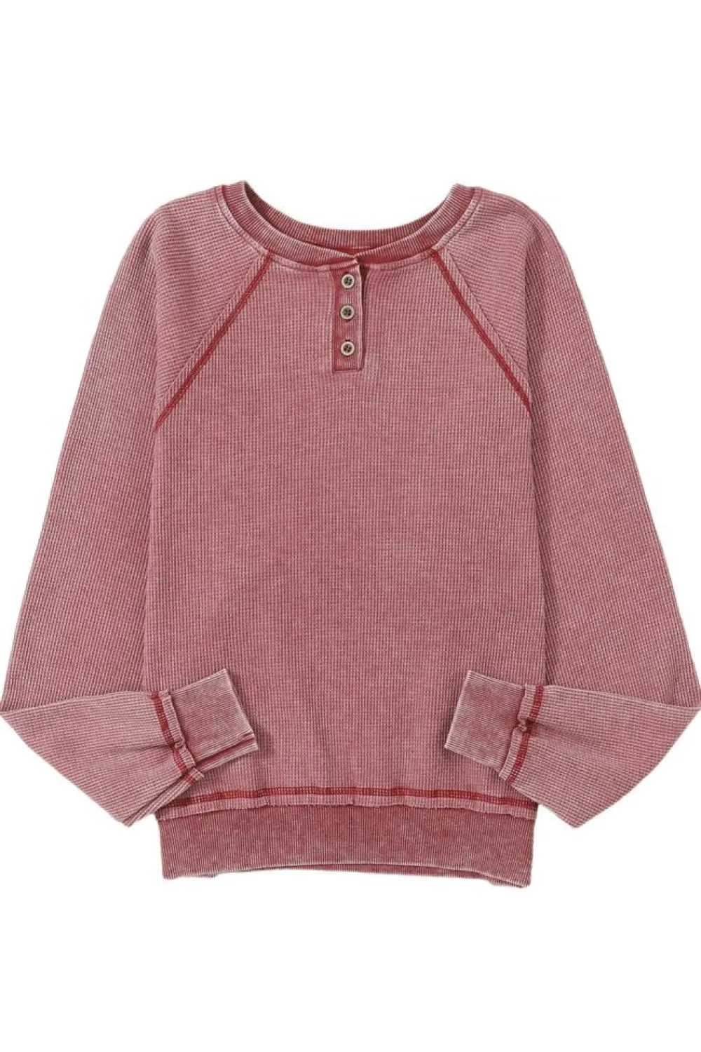 Hot Dear-Lover Waffle Knit Raglan Sleeve Henley Sweatshirt Fiery Red