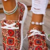 Discount Dear-Lover Western Printed Lacing Flat Slip On Shoes Fiery Red