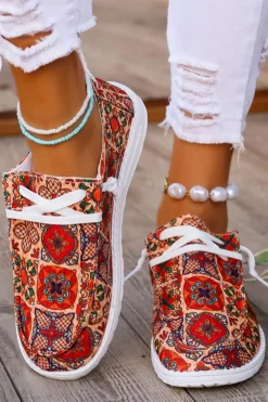 Discount Dear-Lover Western Printed Lacing Flat Slip On Shoes Fiery Red