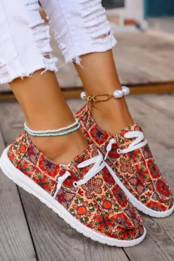 Discount Dear-Lover Western Printed Lacing Flat Slip On Shoes Fiery Red