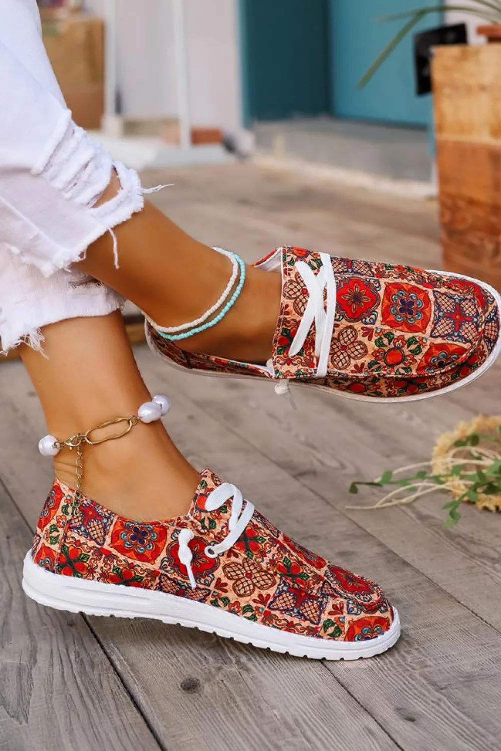 Discount Dear-Lover Western Printed Lacing Flat Slip On Shoes Fiery Red