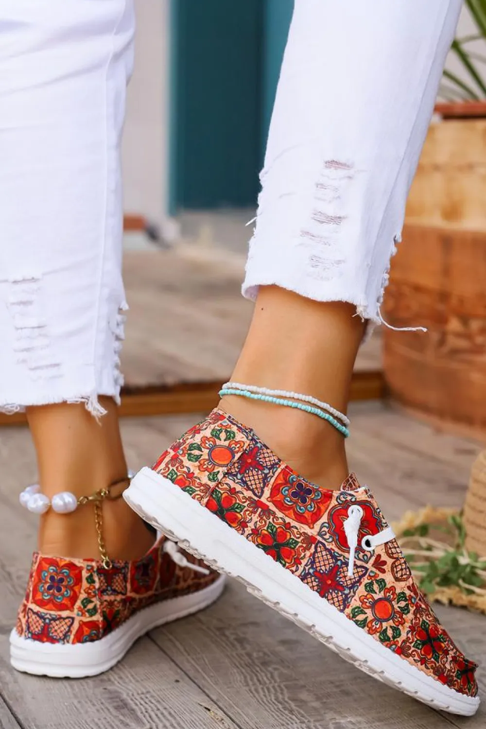 Discount Dear-Lover Western Printed Lacing Flat Slip On Shoes Fiery Red