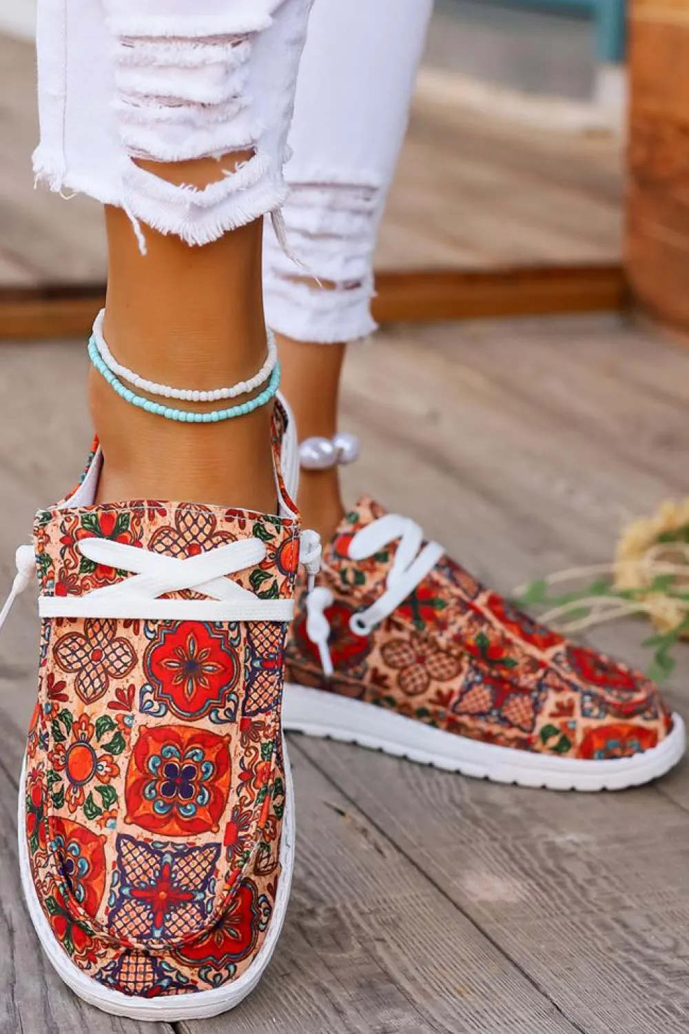 Discount Dear-Lover Western Printed Lacing Flat Slip On Shoes Fiery Red