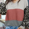 Hot Dear-Lover Wild Leopard Contrast Sleeve Colorblock Waffle Knit Top Fiery Red