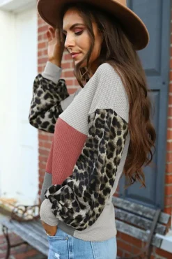 Hot Dear-Lover Wild Leopard Contrast Sleeve Colorblock Waffle Knit Top Fiery Red