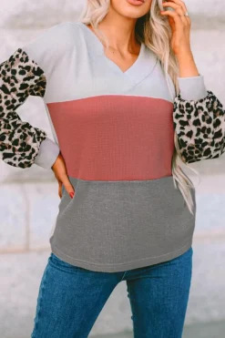 Hot Dear-Lover Wild Leopard Contrast Sleeve Colorblock Waffle Knit Top Fiery Red