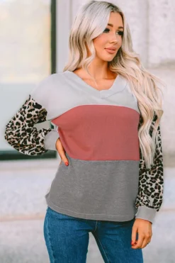 Hot Dear-Lover Wild Leopard Contrast Sleeve Colorblock Waffle Knit Top Fiery Red