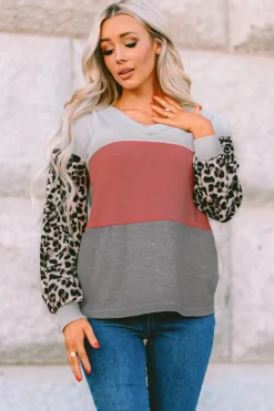 Hot Dear-Lover Wild Leopard Contrast Sleeve Colorblock Waffle Knit Top Fiery Red