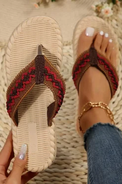 Fashion Dear-Lover Woven Strap Flat Flip Flops Fiery Red