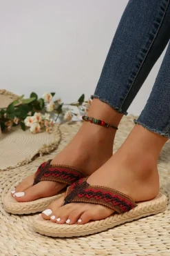 Fashion Dear-Lover Woven Strap Flat Flip Flops Fiery Red