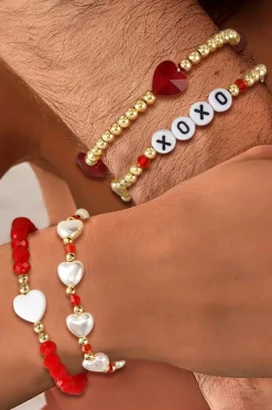 Hot Dear-Lover XOXO Heart Beaded 4pcs Layered Bracelet Fiery Red