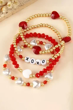 Hot Dear-Lover XOXO Heart Beaded 4pcs Layered Bracelet Fiery Red