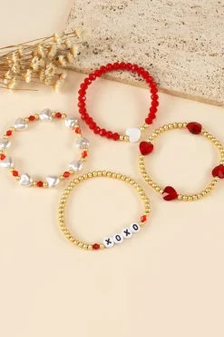 Hot Dear-Lover XOXO Heart Beaded 4pcs Layered Bracelet Fiery Red