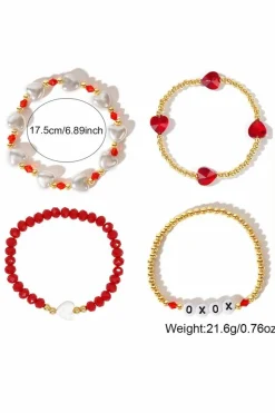 Hot Dear-Lover XOXO Heart Beaded 4pcs Layered Bracelet Fiery Red