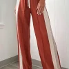 Fashion Dear-Lover Color Block Drawstring High Waist Wide Leg Pants Flamingo