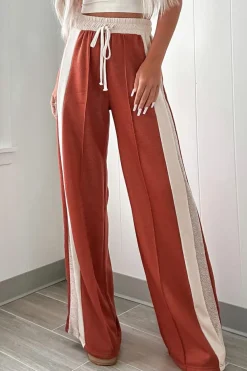 Fashion Dear-Lover Color Block Drawstring High Waist Wide Leg Pants Flamingo
