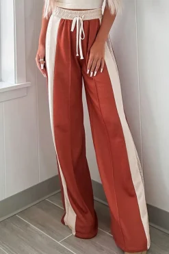 Fashion Dear-Lover Color Block Drawstring High Waist Wide Leg Pants Flamingo