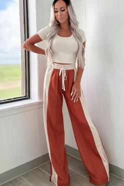 Fashion Dear-Lover Color Block Drawstring High Waist Wide Leg Pants Flamingo