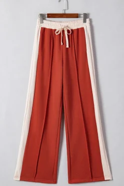 Fashion Dear-Lover Color Block Drawstring High Waist Wide Leg Pants Flamingo