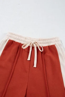 Fashion Dear-Lover Color Block Drawstring High Waist Wide Leg Pants Flamingo