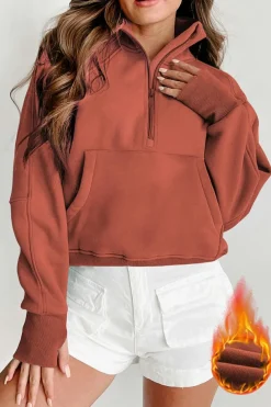 Clearance Dear-Lover Fleece Lined Zip Up Stand Collar Thumbhole Sleeve Sweatshirt Flamingo