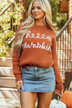 Discount Dear-Lover Hello Pumpkin Graphic Sweater Flamingo