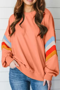 Best Dear-Lover Rainbow Striped Sleeve Crew Neck Loose Sweatshirt Flamingo