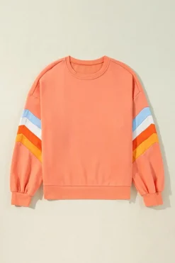 Best Dear-Lover Rainbow Striped Sleeve Crew Neck Loose Sweatshirt Flamingo