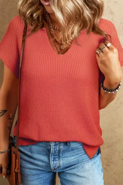 Online Dear-Lover Solid Textured Knitted Notch V Neck Sweater T Shirt Flamingo