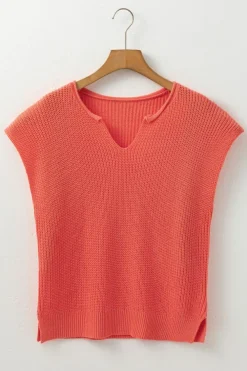 Online Dear-Lover Solid Textured Knitted Notch V Neck Sweater T Shirt Flamingo