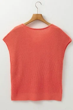 Online Dear-Lover Solid Textured Knitted Notch V Neck Sweater T Shirt Flamingo